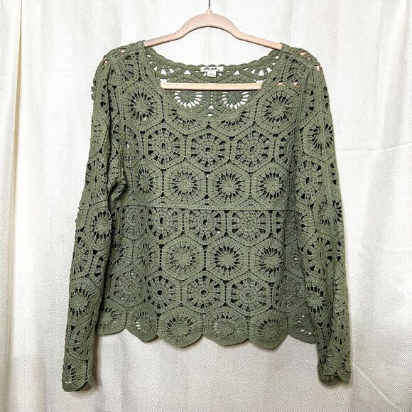 Boho Sage Crochet Knit Top Long Sleeve 100% Cotton Festival Peasant Blouse L - Picture 8 of 10